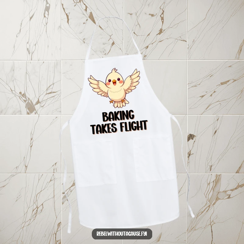 Funny Bird Apron featuring a happy bird flying with wings spread wide, defying gravity, wonderful funny gift.