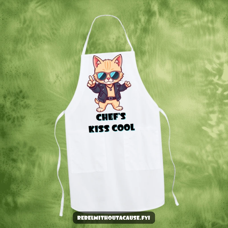 Funny apron featuring a cool cat wearing sunglasses and a leather jacket, ready to cook up a storm with feline grace.