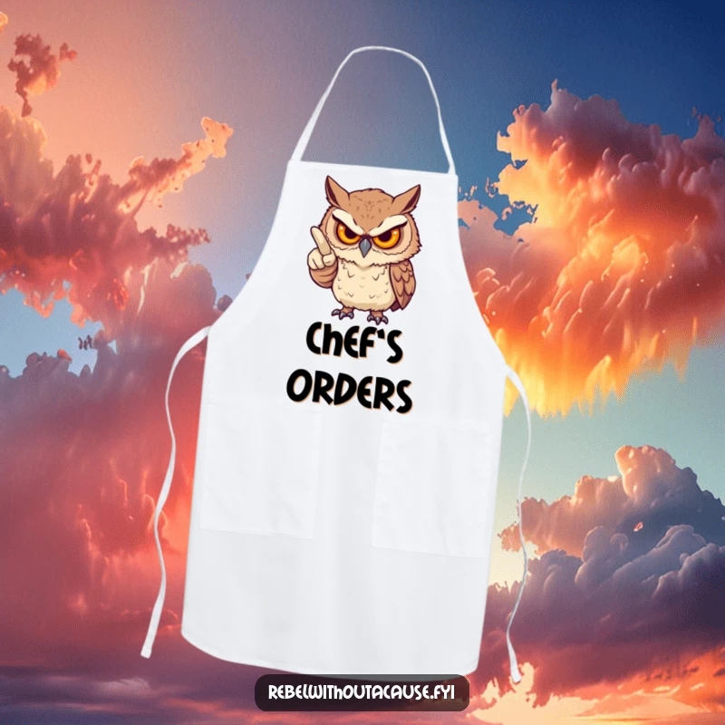 Funny apron with a fierce owl, stern but playful gaze, pointing an accusatory finger, bringing witty judgment to kitchen tasks, a great funny gift.