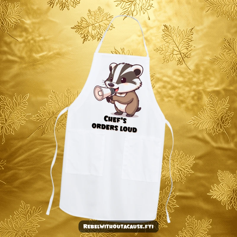 Funny determined badger megaphone apron showing a badger gripping a megaphone, ready to shout, ideal for a fun and loud cooking experience.