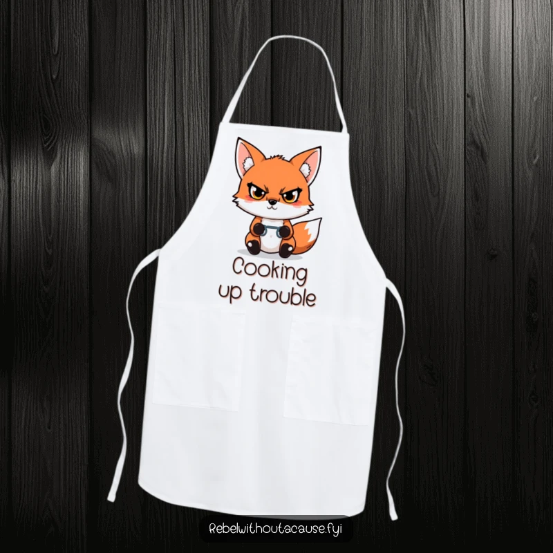 Funny Kawaii Fox Apron showing a defiant fox with a glare, holding a broken chain link, ready for culinary freedom.