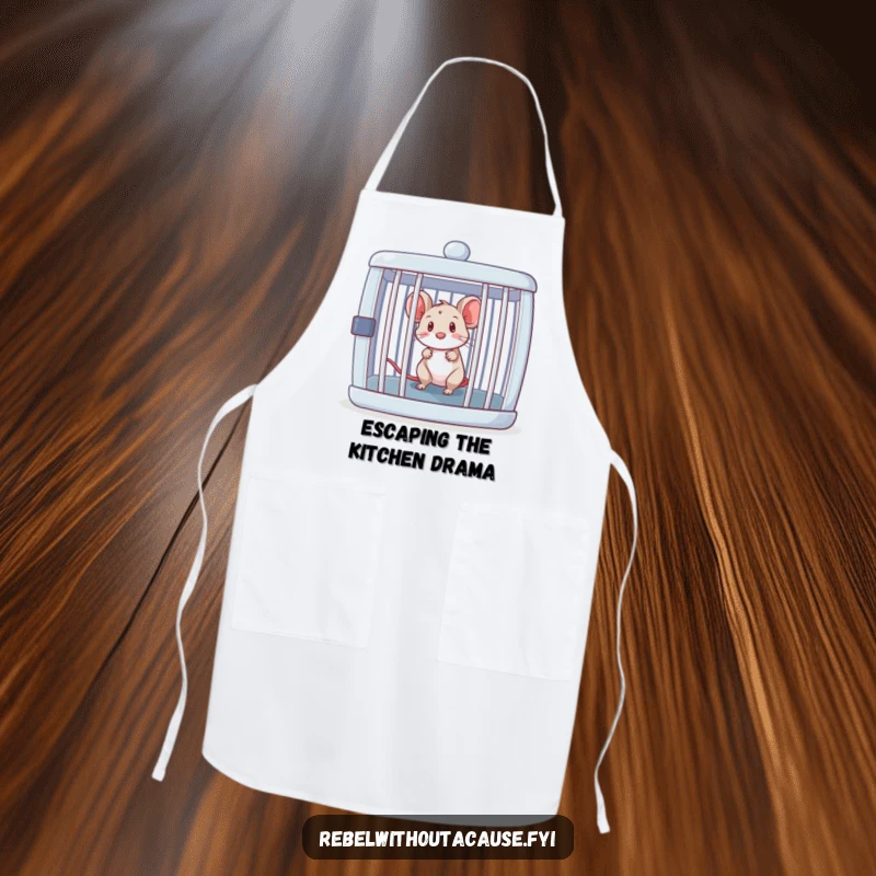 Funny mouse peeking out from an open cage, ready to cook, on a humorous kitchen apron.