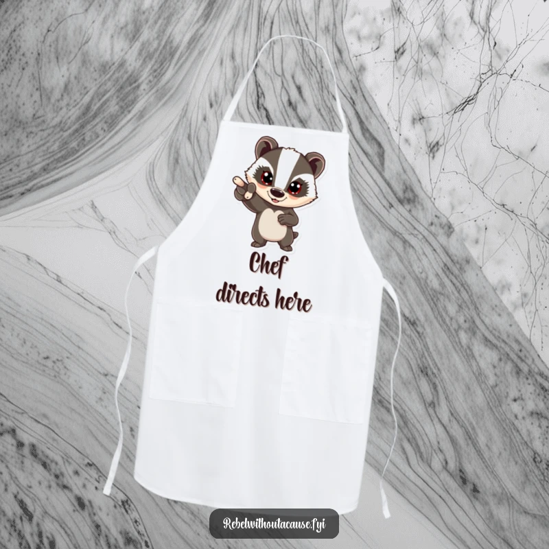 Funny bold badger apron depicting a determined badger pointing forward, ready to add humor and direction to any cooking task.