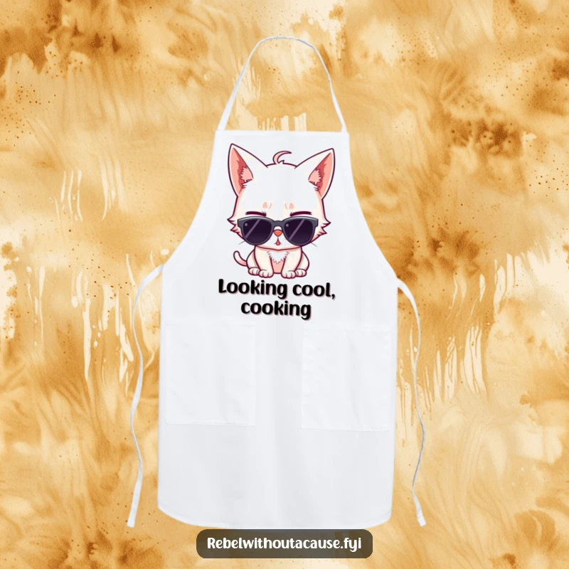 Funny apron featuring a sassy cat wearing sunglasses and giving a wink, perfect for adding a humorous and cool touch to kitchen wear.