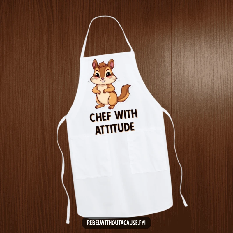 Funny bold chipmunk with a confident pose, paw on hip, on a kitchen apron.