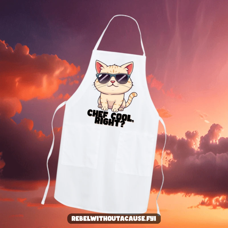 Funny cool cat sunglasses apron showing a smirking cat tipping its head, a stylish and humorous kitchen accessory for cooking enthusiasts.
