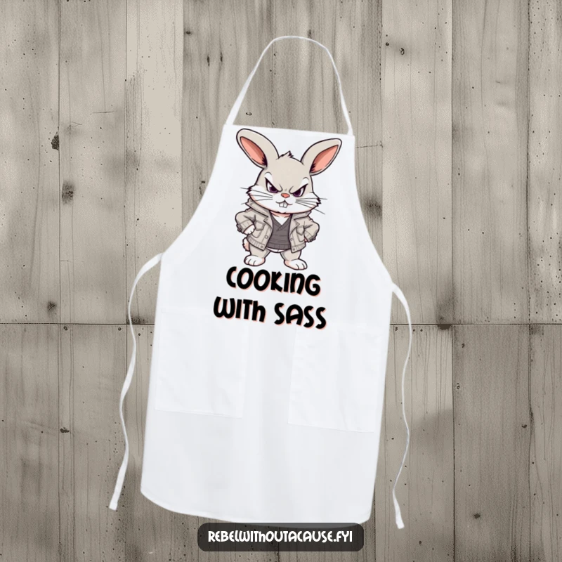 Funny apron featuring a scowling, defiant bunny wearing a ripped jacket, ready to cook up a storm with a mischievous smile.
