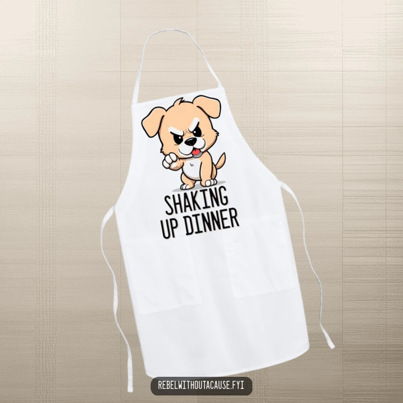 Funny apron showing a defiant puppy character stomping its foot, creating a comical tremor.