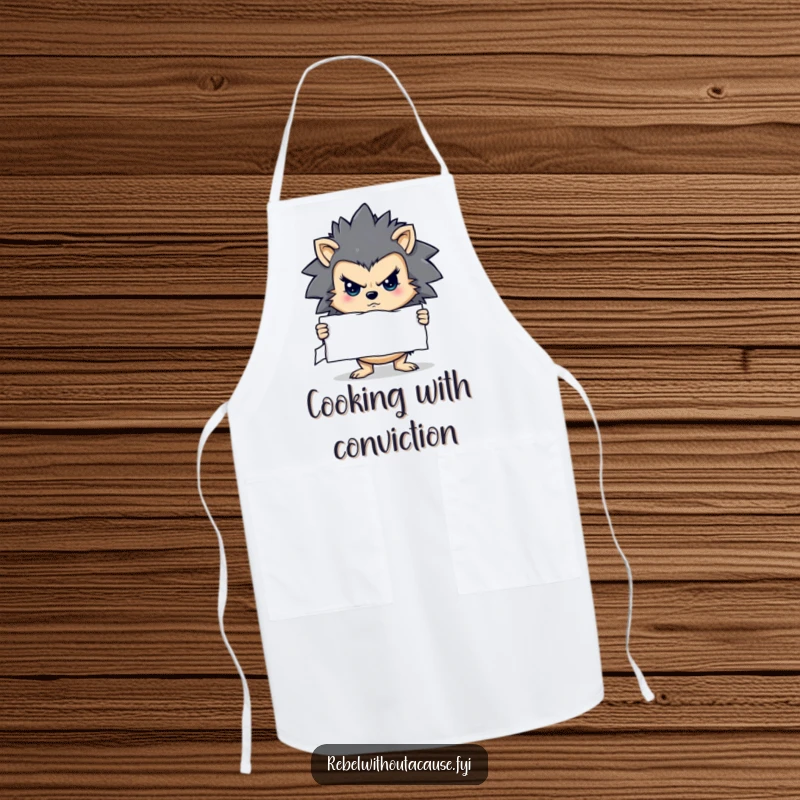 Funny apron of a determined hedgehog character holding a stern sign, ready for kitchen tasks with resolve.