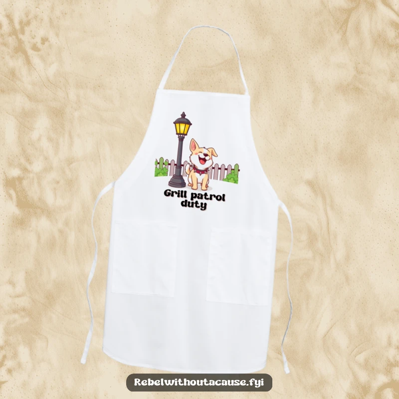 Funny Dog Apron showing a cheerful dog with a spiked collar playfully barking at a lamppost, practical and humorous.