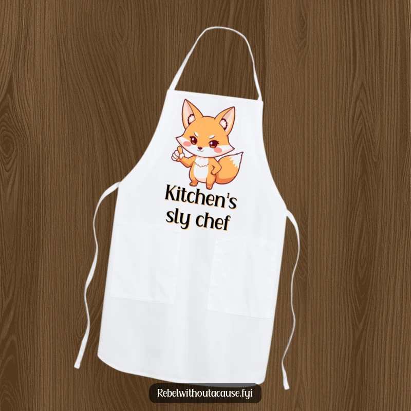 Funny fox apron showing a playful fox in a defiant stance, pointing one paw outwards. A humorous and practical kitchen accessory.