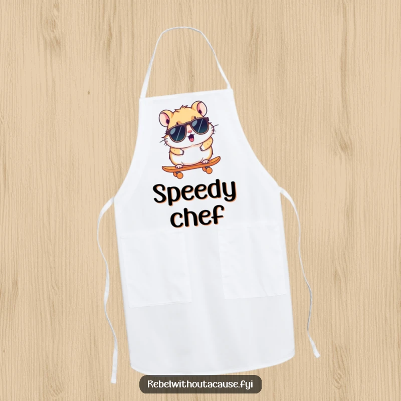 Funny Hamster Apron: A kawaii hamster in sunglasses zooms on a skateboard, a humorous apron for the cool chef.