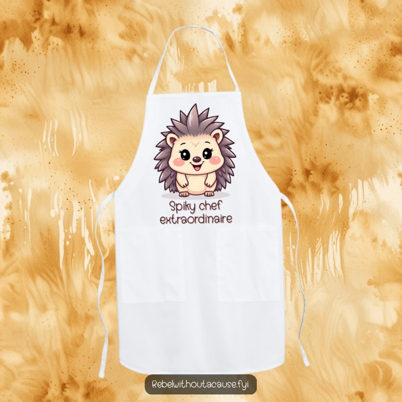 Funny hedgehog wearing an apron with a tiny mohawk, ready to cook with punk rock flair.