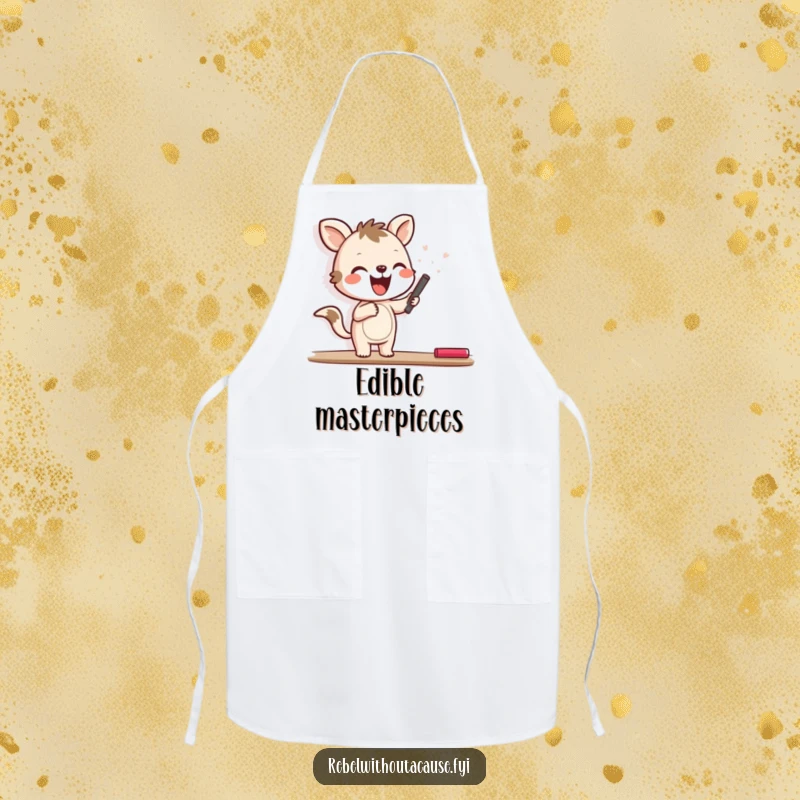 Funny apron with a joyful animal character happily scrawling with chalk on a blank wall, perfect for creative cooking.