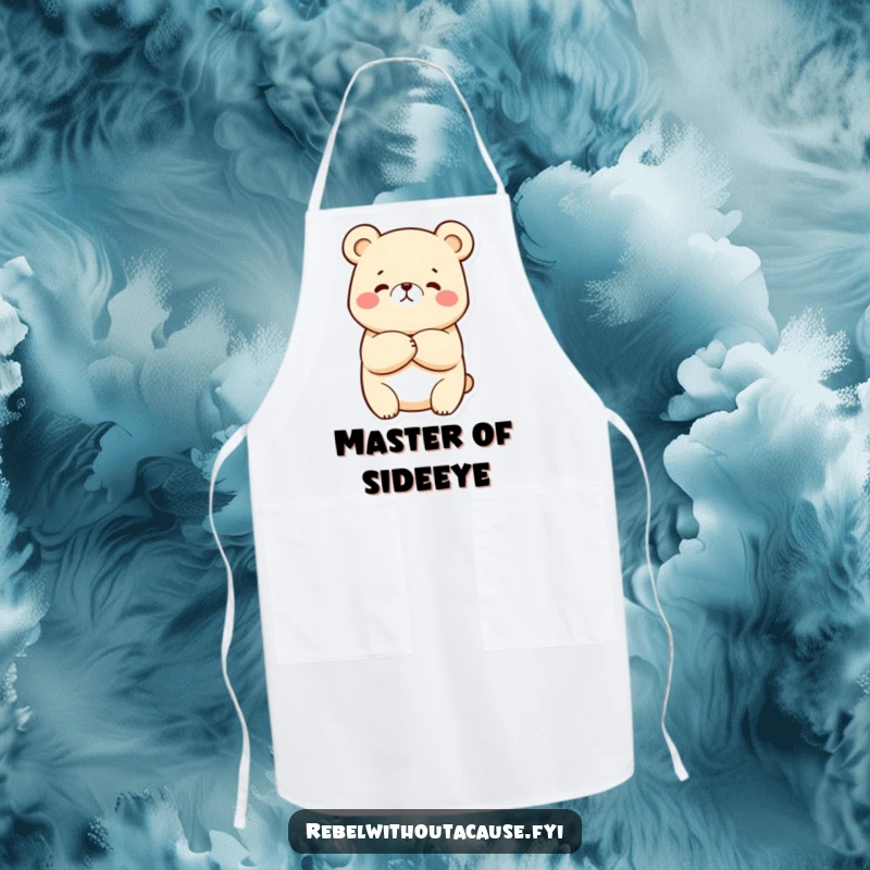 Funny Kawaii Bear Apron showing a sassy bear with arms crossed, ready to cook with a mischievous smirk.