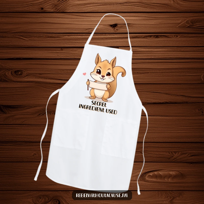 Funny mischievous squirrel wink apron with a squirrel holding a banner and winking, ideal for a fun and playful cooking experience.