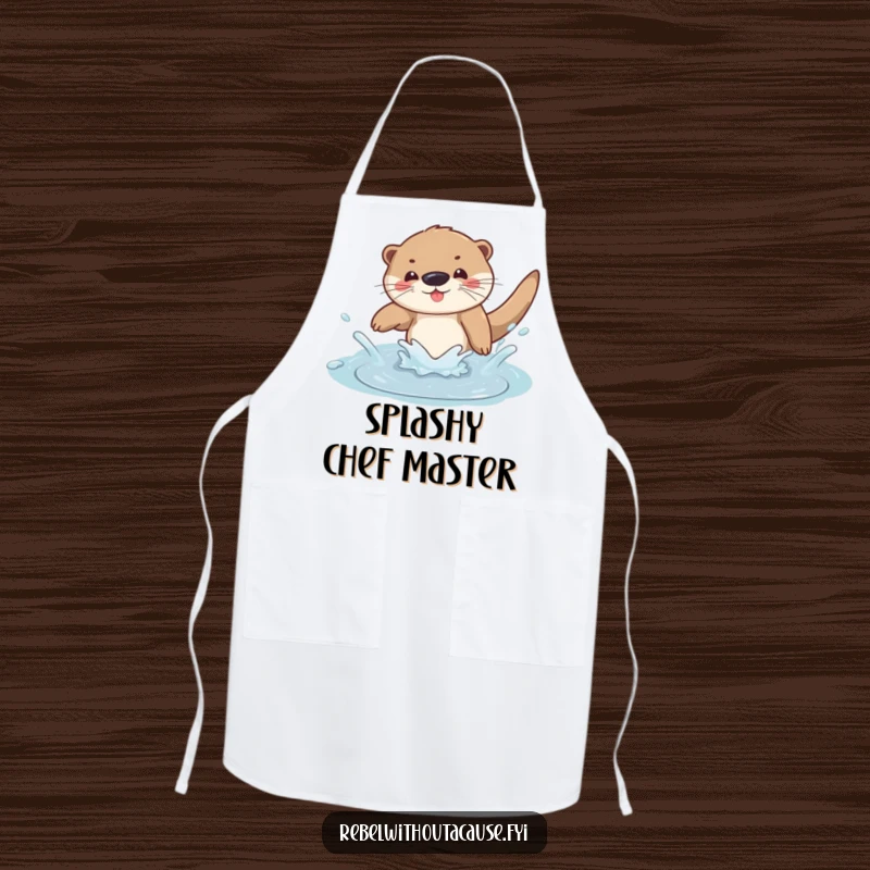 Funny otter dive apron depicting a playful otter diving into a splashy puddle, ready to bring humor to the kitchen.