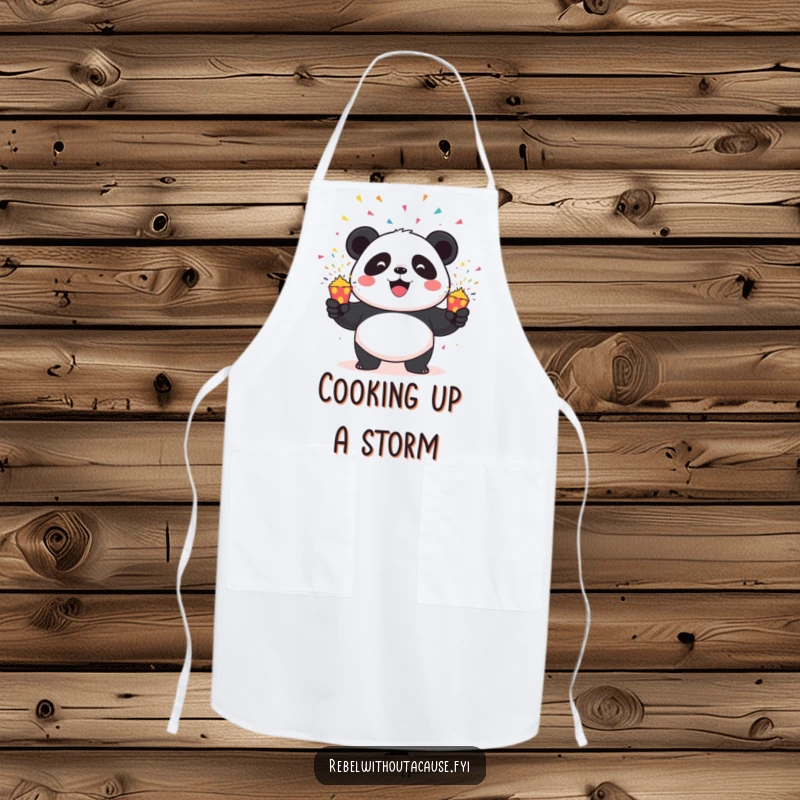Funny Panda Apron: Mischievous panda depicted juggling three exploding confetti poppers, perfect for a cook who enjoys playful kitchen antics.