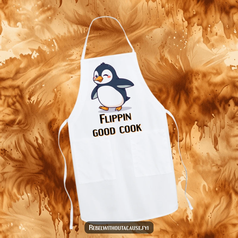 Funny determined penguin doing a smooth, sassy strut on a kitchen apron, stylish and fun.