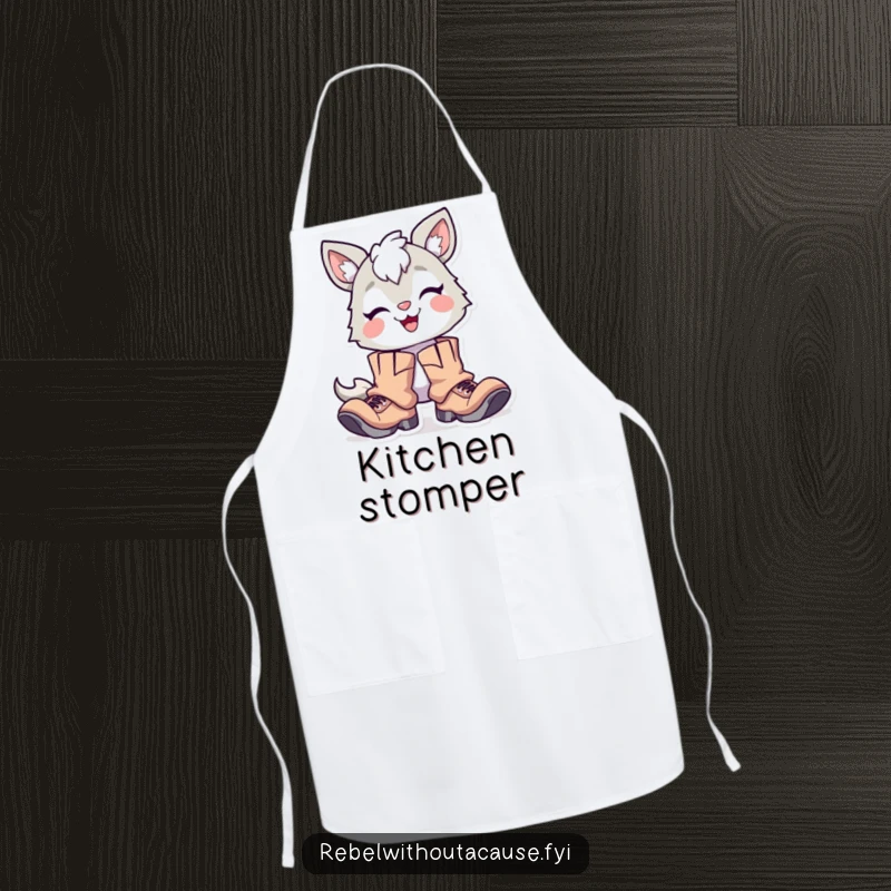 Funny Kitchen Apron: Delighted Animal Character with Proud Smirk, Wearing Oversized Tattered Boots, Protective and Humorous.