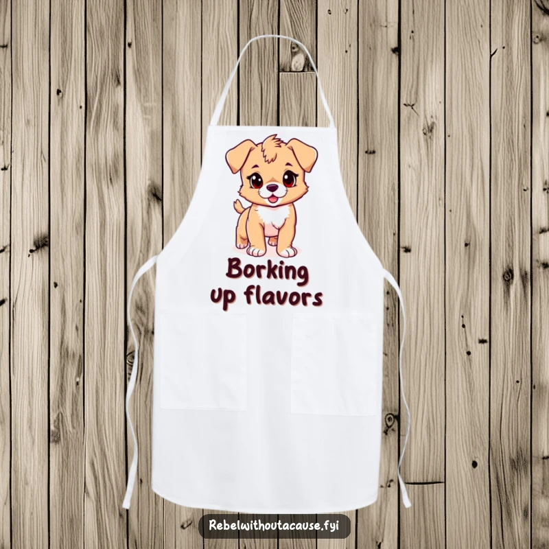Funny puppy apron showing a playful puppy with a confident stride and a rebellious streak, ready for kitchen fun, a funny gift.