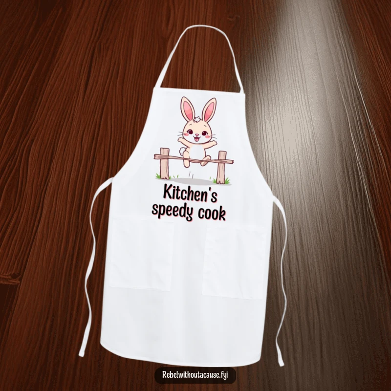 Funny rabbit apron showing a cheerful rabbit determinedly jumping over a broken fence. Humorous and practical for cooking.