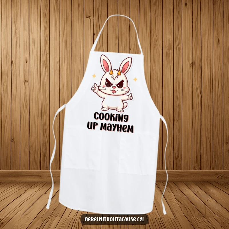 Funny Rebellious Bunny Apron depicting a playful bunny giving devil horns with a mischievous sneer, adding kitchen fun and protection.