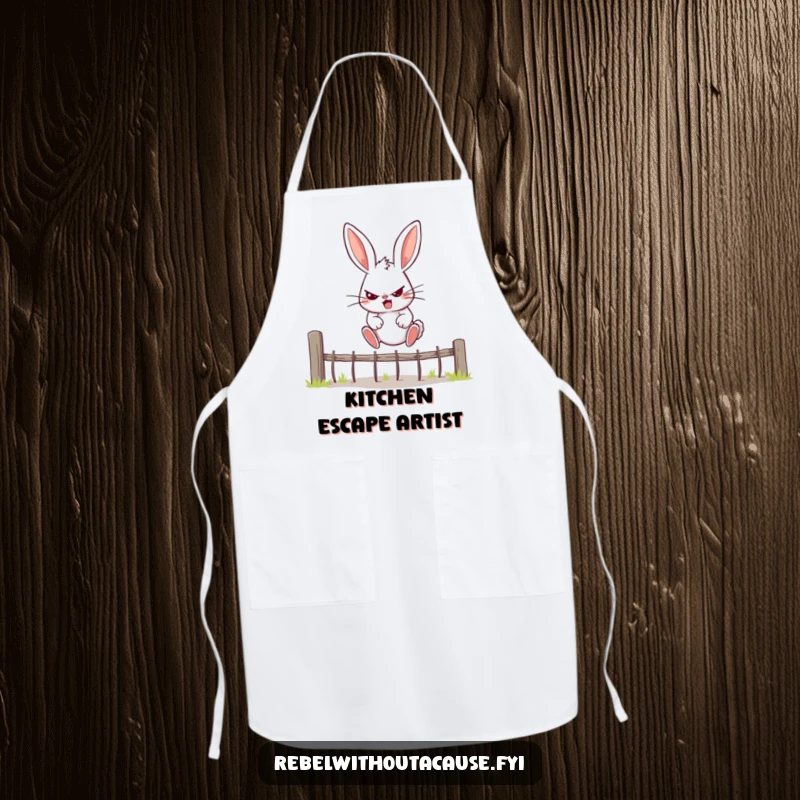 Funny Bunny Apron showing a rebellious bunny determinedly jumping over a fence, practical and inspiring kitchenwear.