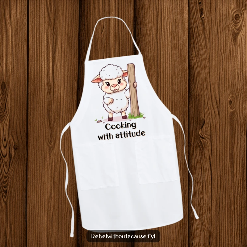 Funny apron showing a defiant sheep holding a broken fence post, ideal for kitchen protection with a humorous twist.