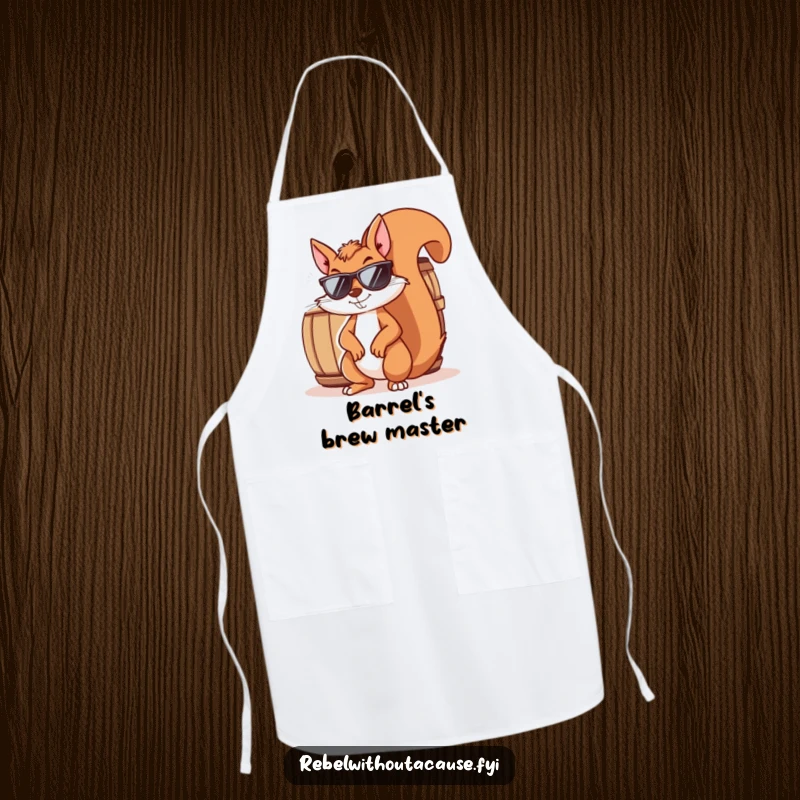 Funny squirrel apron showing a mischievous squirrel wearing sunglasses and smirking, leaning against a barrel. Humorous and practical for cooking.
