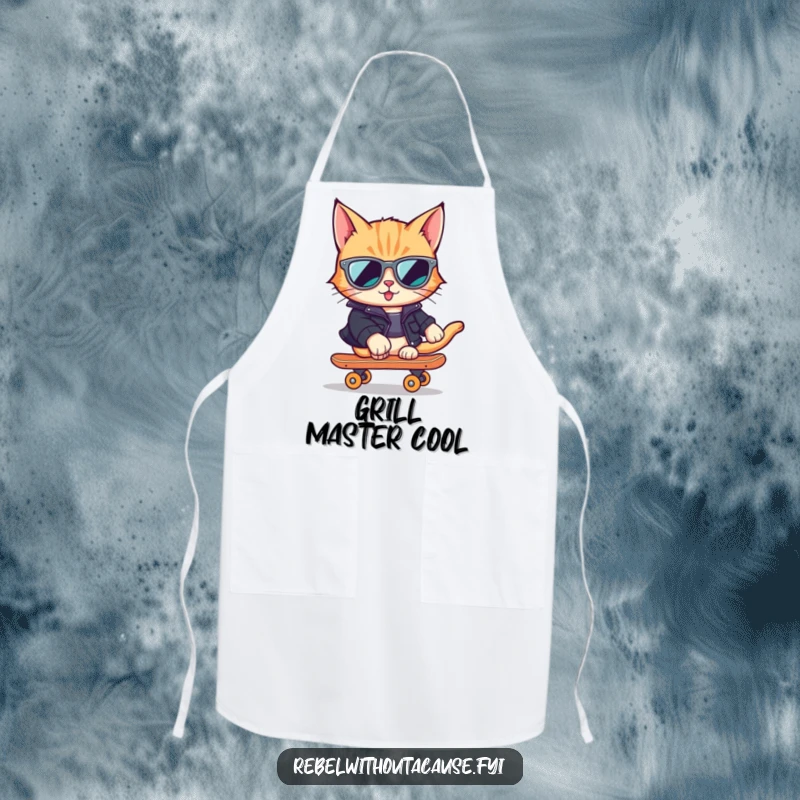 Funny Cat Skater Apron showing a cool cat in sunglasses and leather jacket on a skateboard, practical and stylish.
