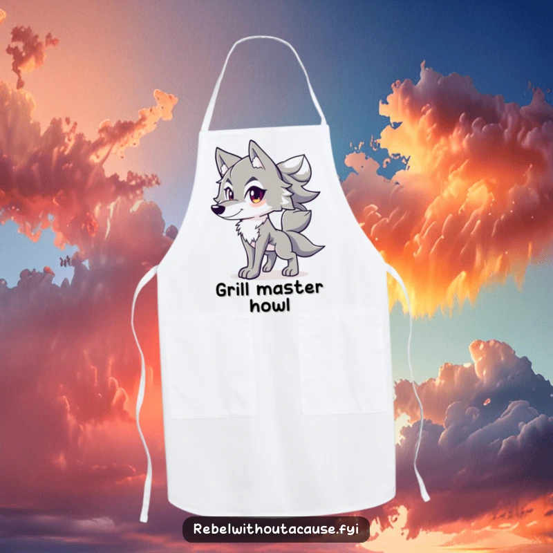 Funny apron featuring a spirited wolf character with a confident stance, tail held high, looking ready for action.