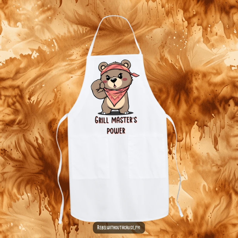 Funny Bear Apron featuring a determined, bandana-clad bear throwing a fist, wonderful funny gift.