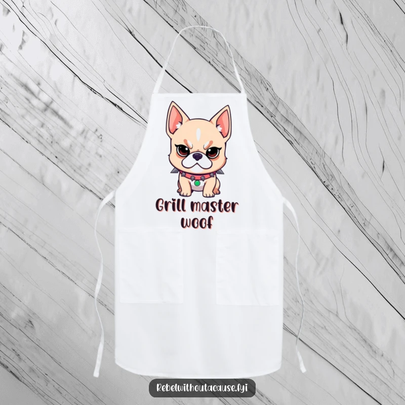 Funny apron featuring a rebellious dog wearing a spiked collar and a determined look, ready to cook with fierce loyalty.