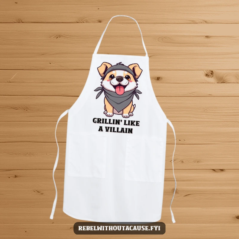 Funny Kawaii Dog Apron showing a rebellious pup in a bandana, sticking its tongue out, ready for tasty kitchen creations.