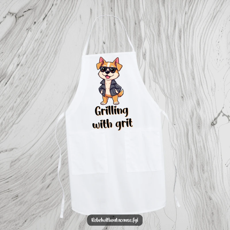 Funny Sassy Dog Apron depicting a strutting dog in a leather jacket, bringing attitude and humor to the kitchen.