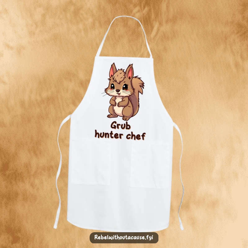 Funny apron with a wild squirrel, messy fur, ready for adventure, bringing wilderness vibes and humor to kitchen tasks, a great funny gift.