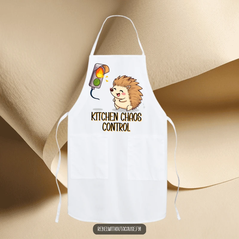 Funny giggling hedgehog rolling towards a broken signal light, on a humorous and practical kitchen apron.