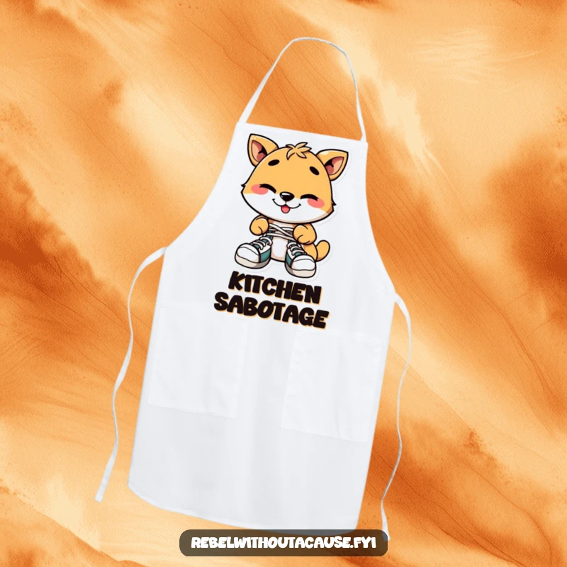 Funny Kitchen Apron: Playful Animal with Mischievous Grin Tying Shoelaces Together, Perfect for Prank-Loving Cooks.