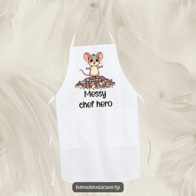 Funny brave mouse apron depicting a small mouse standing tall on debris, ready to add humor and resilience to any cooking task.