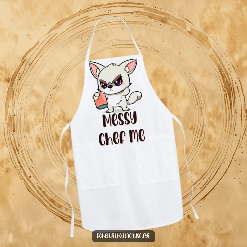 Funny cooking apron featuring a defiant animal character holding a cracked, empty paint can, ideal for artists and messy creators.