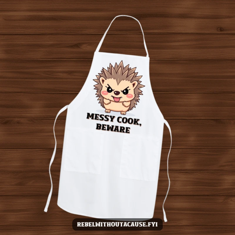 Funny rebellious hedgehog apron showing a defiant hedgehog with upward-pointing spikes, ideal for a fun and bold cooking experience.