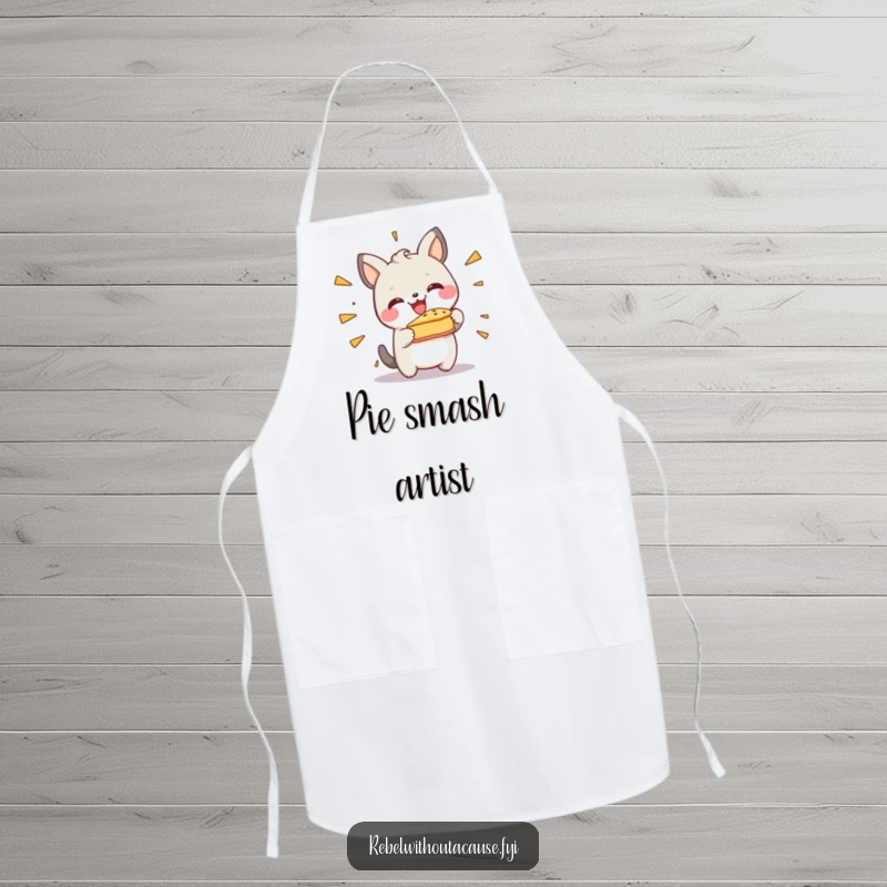 Funny Kitchen Apron: Happy Animal Character Cheerfully Smashing a Pie Against a Wall, Protective and Humorous.