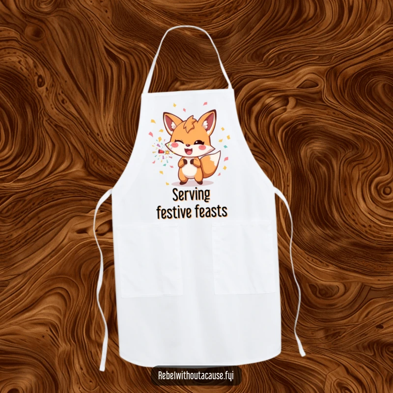 Funny fox wearing an apron, throwing a confetti bomb, a humorous kitchen accessory for party hosts.