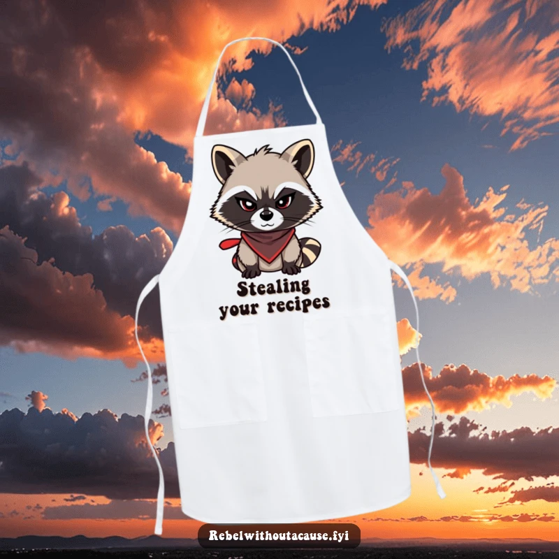 Funny raccoon apron showing a mischievous raccoon with a sly wink and bandana, ready for kitchen duty with a cheeky attitude, funny gift.