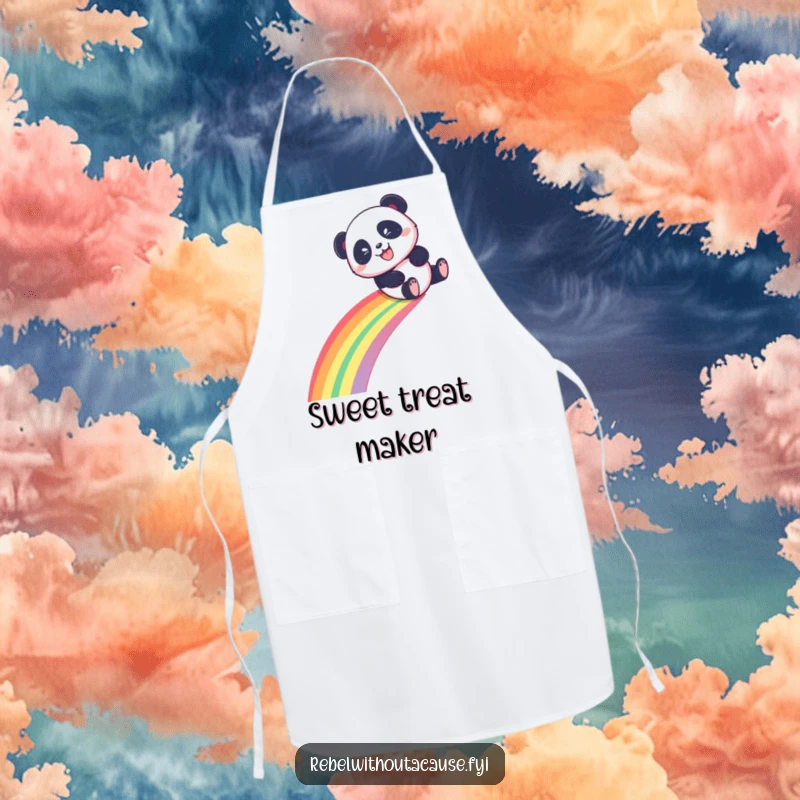 Funny Panda Apron featuring a playful panda sliding down a rainbow with a mischievous grin, wonderful funny gift.