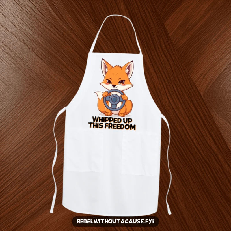 Funny apron showcasing a sly fox holding a detached steering wheel, designed for cooks who appreciate humor and a bit of slyness.