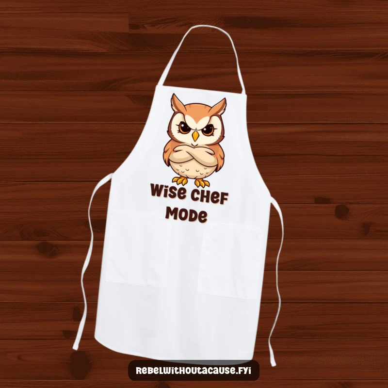 Funny apron featuring a bold owl character with a stern, cool expression and arms crossed, looking wise.