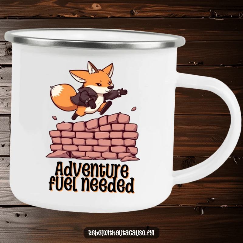 Funny enamel camping mug with a fearless fox in a leather jacket leaping over a crumbling brick wall.