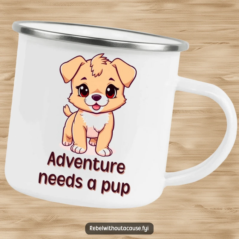 Funny puppy camping mug with a playful puppy having a confident stride and rebellious streak, perfect for joyful outdoor trips, funny gift.